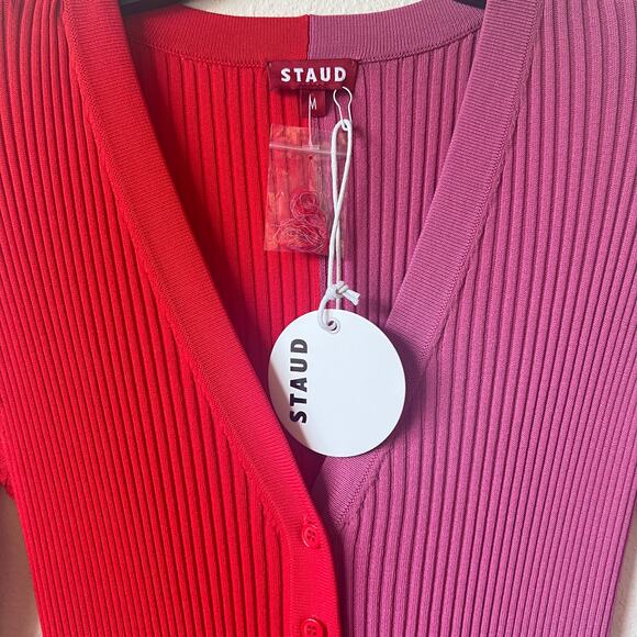 STAUD Shoko Colorblock Ribbed Sweater Dress In Poppy Rosebud Size M - Picture 6 of 13